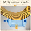 A roll of gold striped wallpaper is shown adhering firmly to a clear blue plastic bottle.