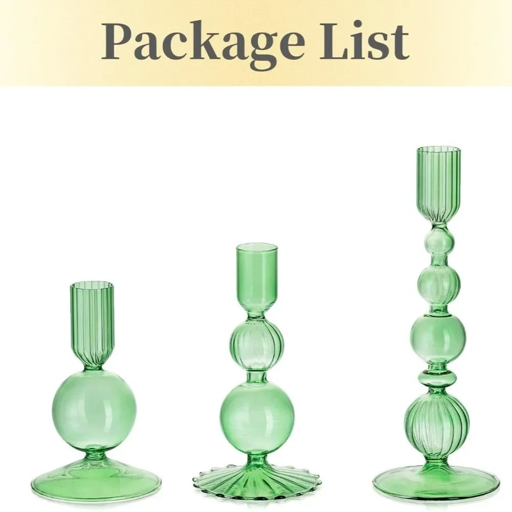 A package list showing three green wavy glass taper candle holders.