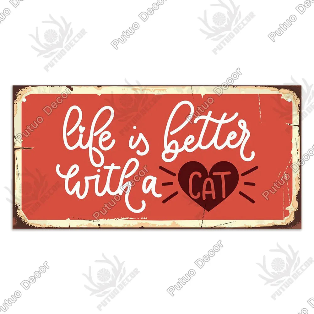Rustic wooden wall plaque with white text that reads Life is better with a cat and a heart design