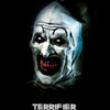 A menacing, white-faced character with exaggerated features and a wide, bloody mouth against a dark background.