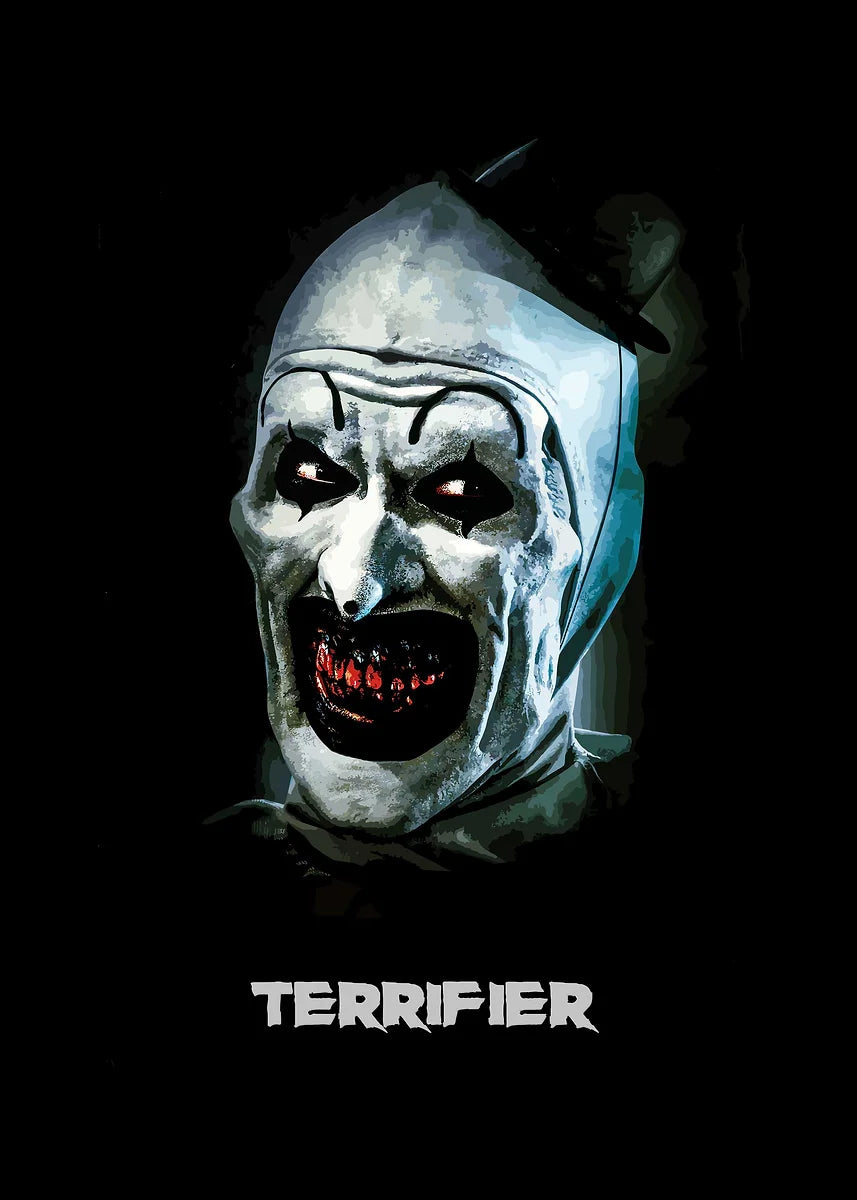 A menacing, white-faced character with exaggerated features and a wide, bloody mouth against a dark background.