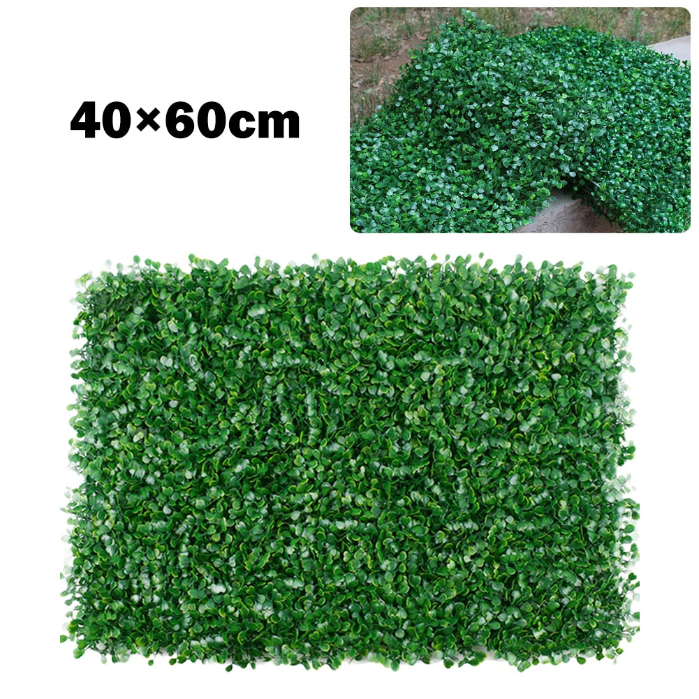 Green artificial grass hedge panels measuring 40x60cm for privacy and decoration