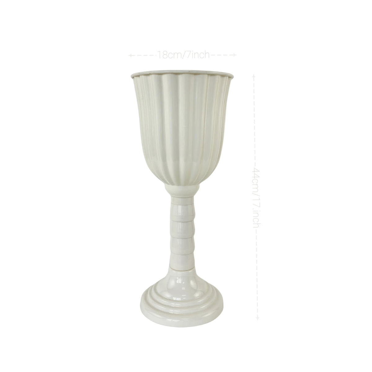 Elegant white cylinder flower vase with a fluted body and pedestal base