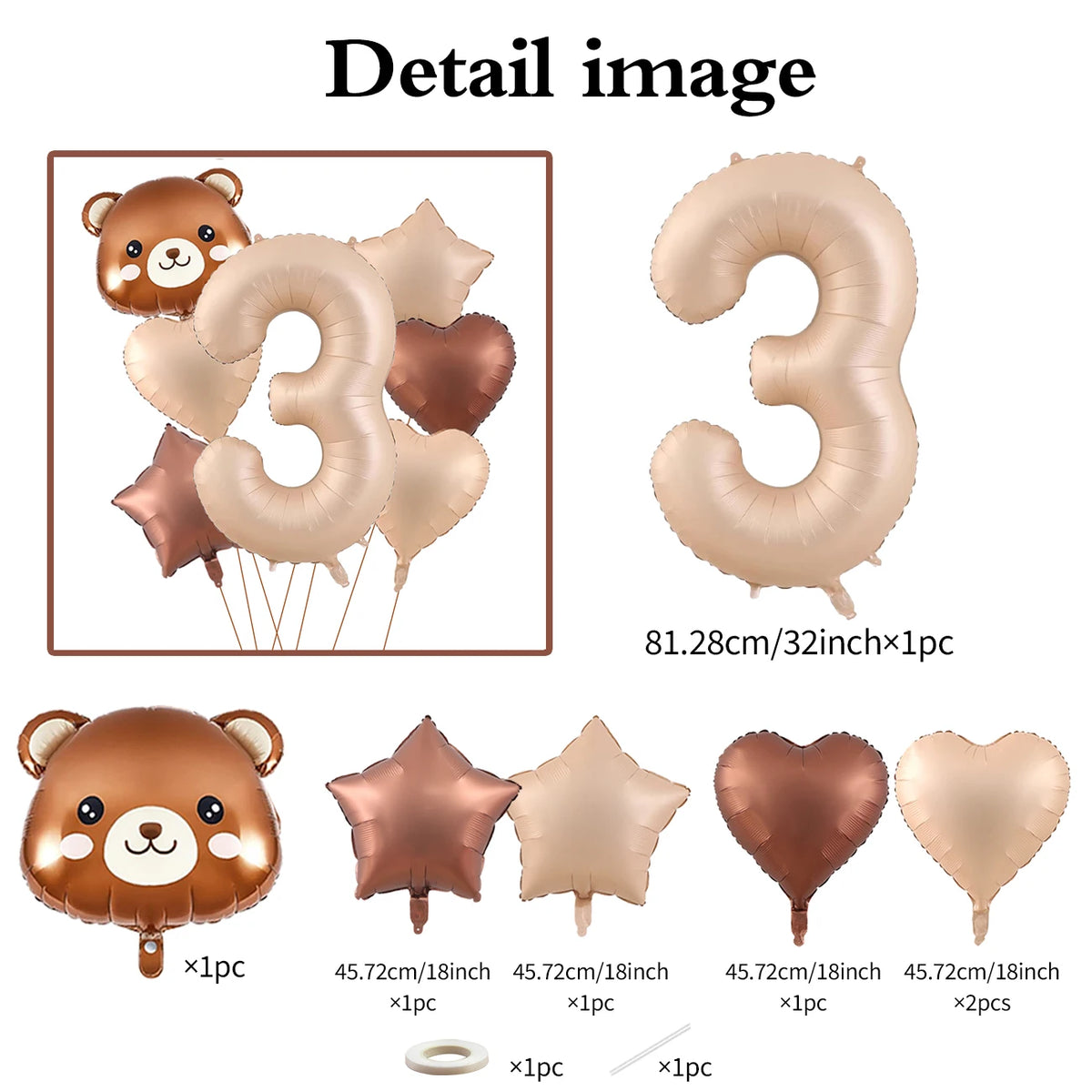 A set of foil balloons featuring a bear design and the number three in a caramel color.