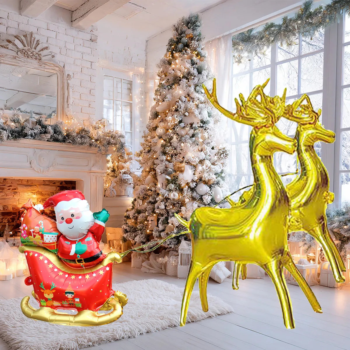 A gold foil balloon set featuring a Santa sleigh pulled by a deer and an elk in a snowy, rustic setting.
