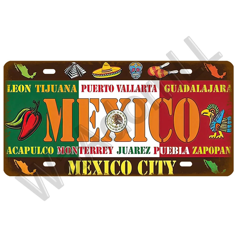 A vintage metal tin sign featuring various Mexican state symbols and city names.