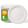 A stack of 9 inch white paper plates is shown next to a single plate, with a label indicating 50 pieces per pack.