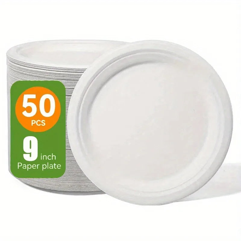 A stack of 9 inch white paper plates is shown next to a single plate, with a label indicating 50 pieces per pack.