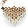 A collection of small glass bottles with cork stoppers arranged in a grid for DIY crafts and storage.
