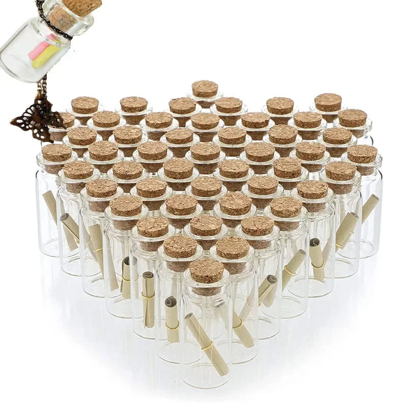 A collection of small glass bottles with cork stoppers arranged in a grid for DIY crafts and storage.