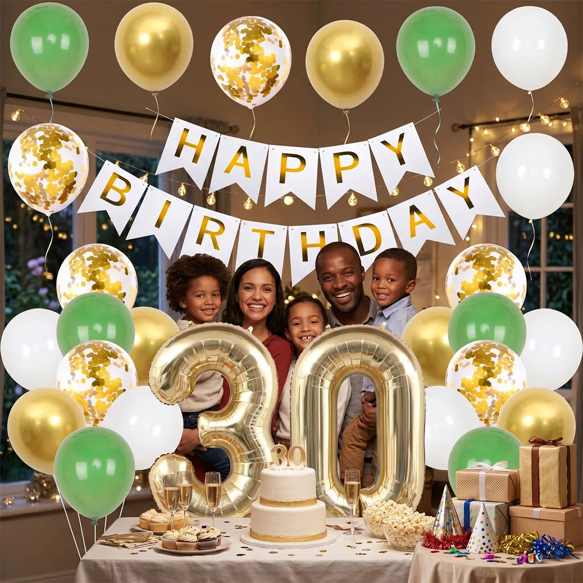 A celebration setup featuring gold and green balloons, a birthday banner, and a cake on a table.