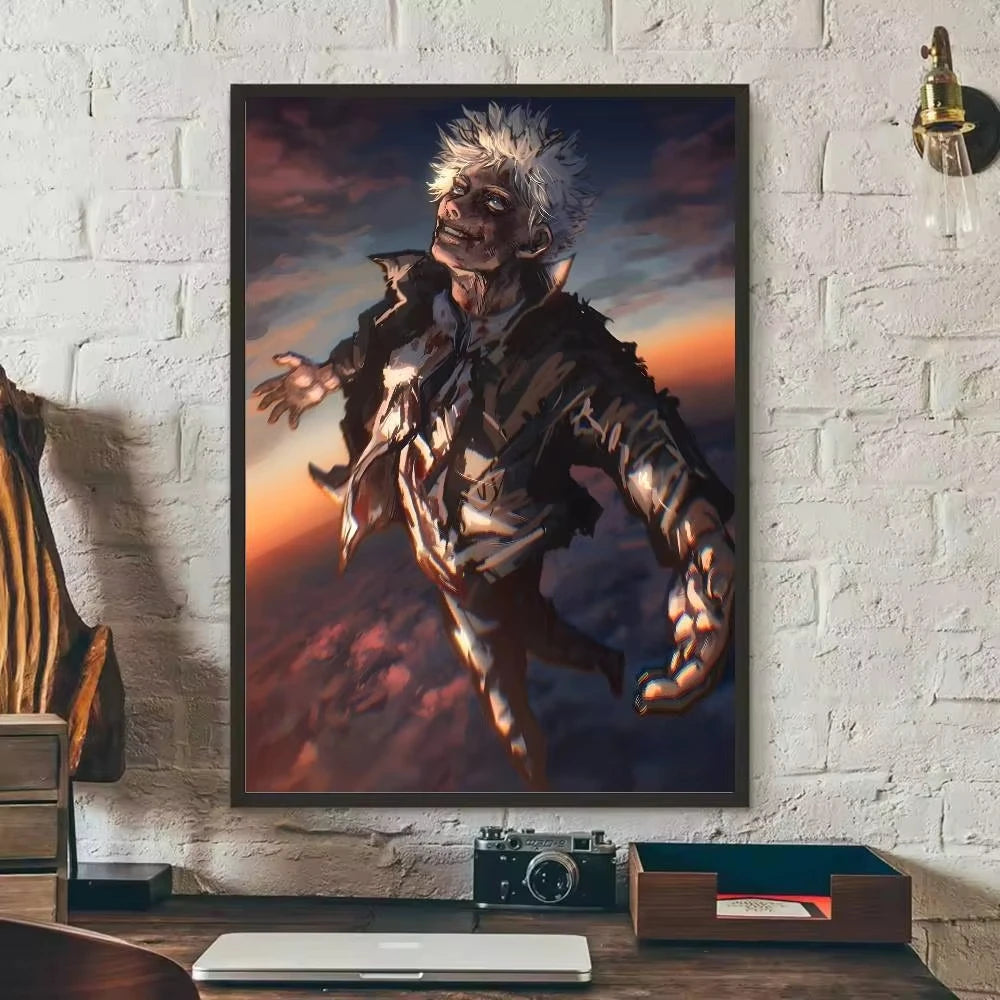 Canvas art poster of Toji Fushiguro anime character with intense expression against a dramatic sunset sky.