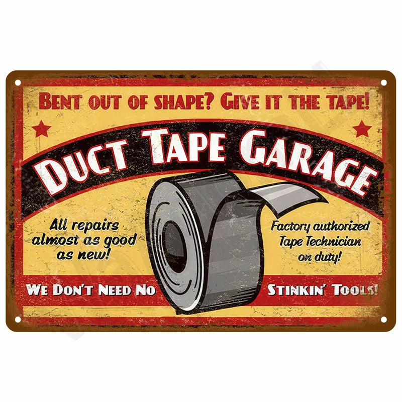 Vintage retro metal sign for duct tape garage repairs featuring text and a stylized tape roll graphic.
