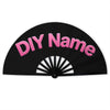 Black folding fan with pink text that reads DIY Name