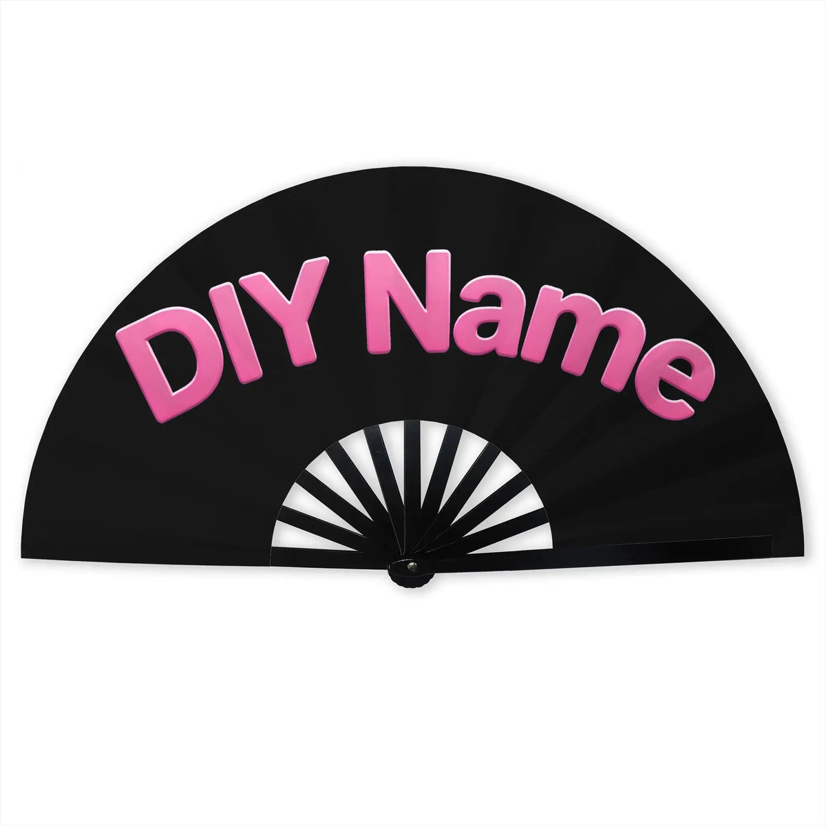Black folding fan with pink text that reads DIY Name