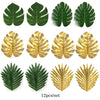 A set of 12 artificial tropical palm leaves in various shades of green and gold for party decor.