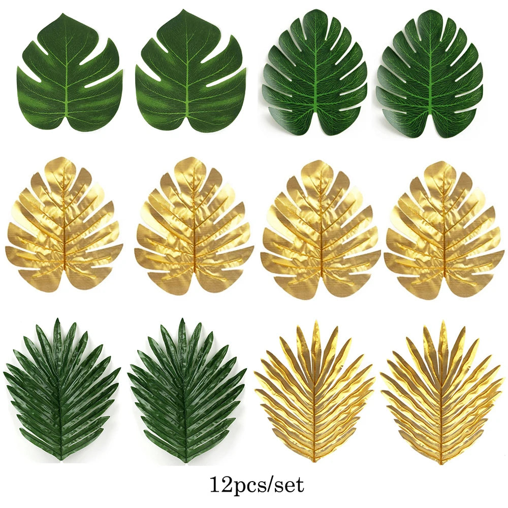 A set of 12 artificial tropical palm leaves in various shades of green and gold for party decor.