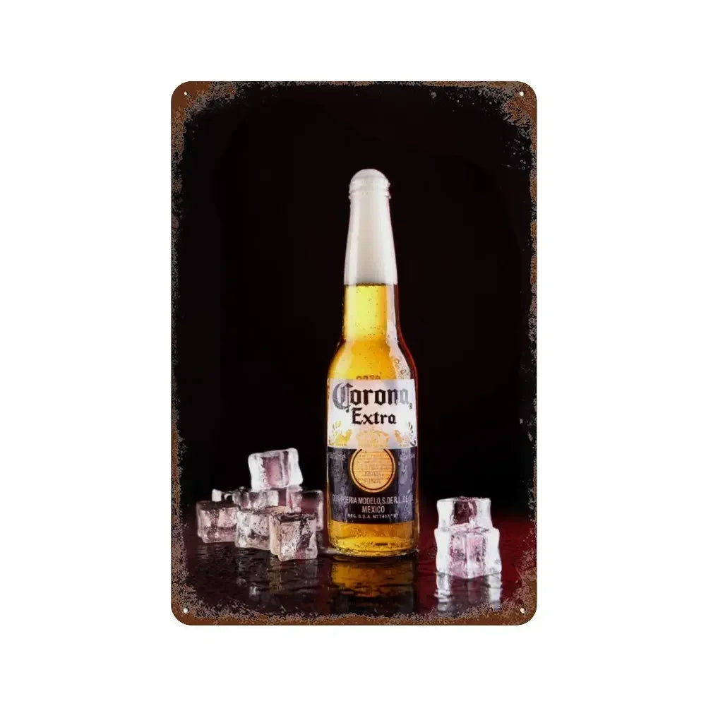 A glass bottle of Corona Extra beer standing in front of a dark metal sign with ice cubes.