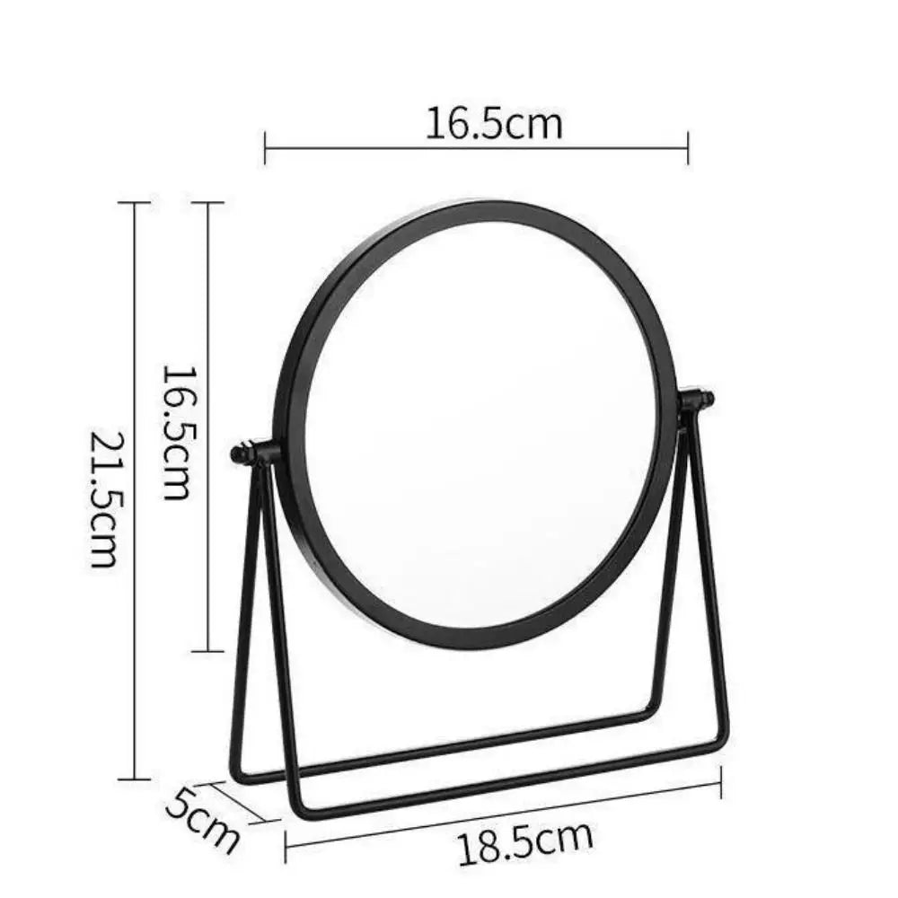 A black 360° rotating metal makeup mirror with a stand, showing its dimensions.