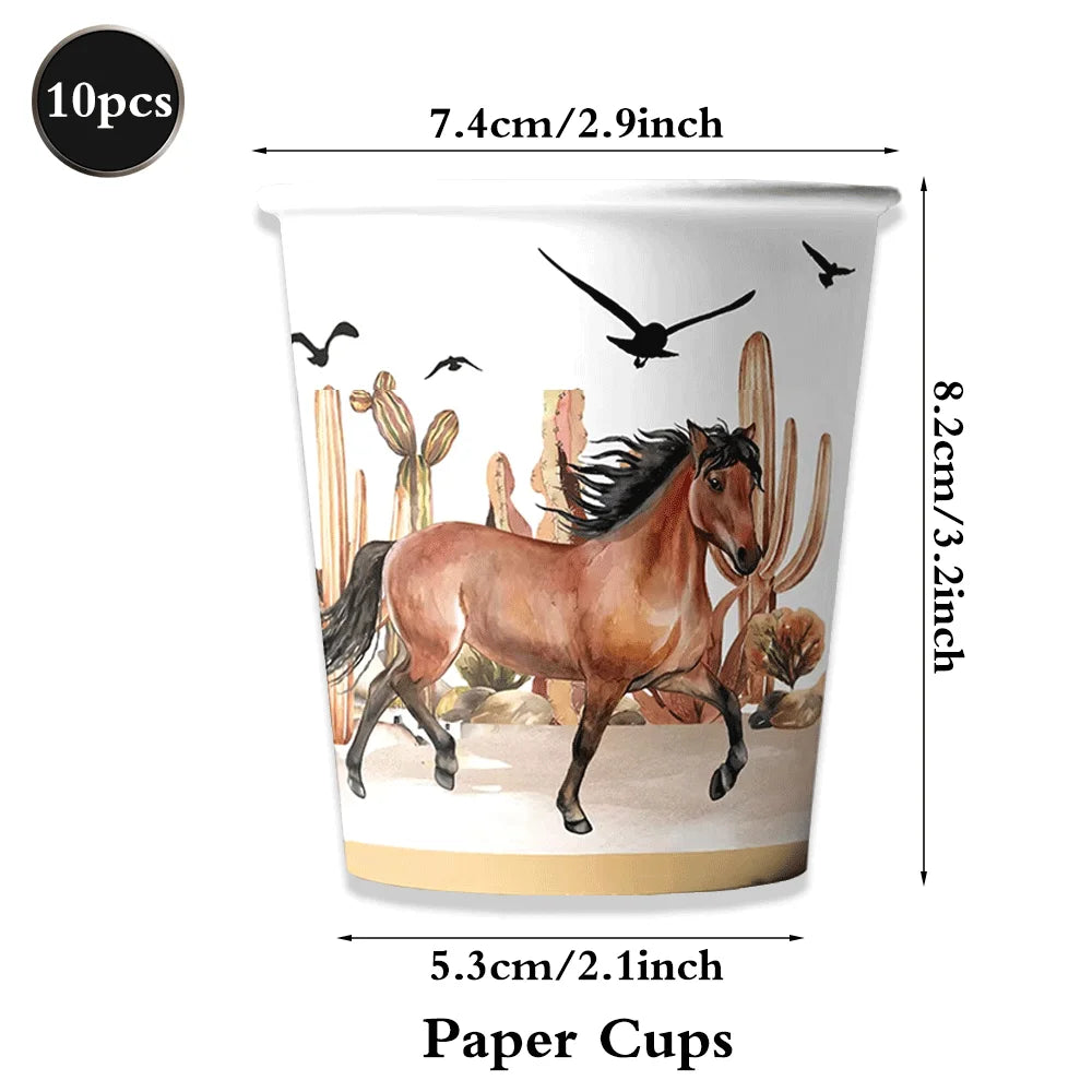 A paper cup featuring a watercolor illustration of a brown horse and cacti with small birds flying above.
