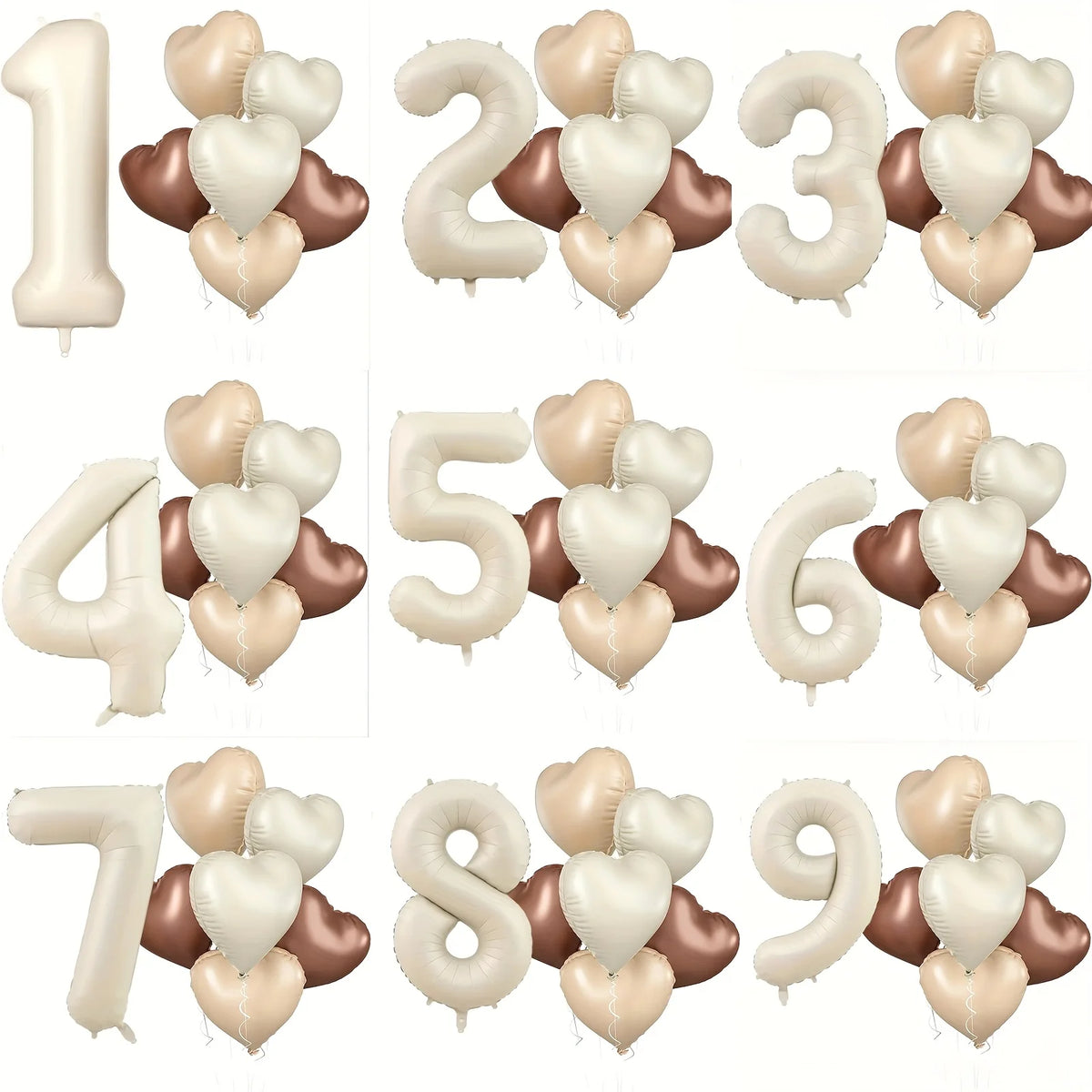 Milky White Heart-Shaped Foil Number Balloons (Set of 7)