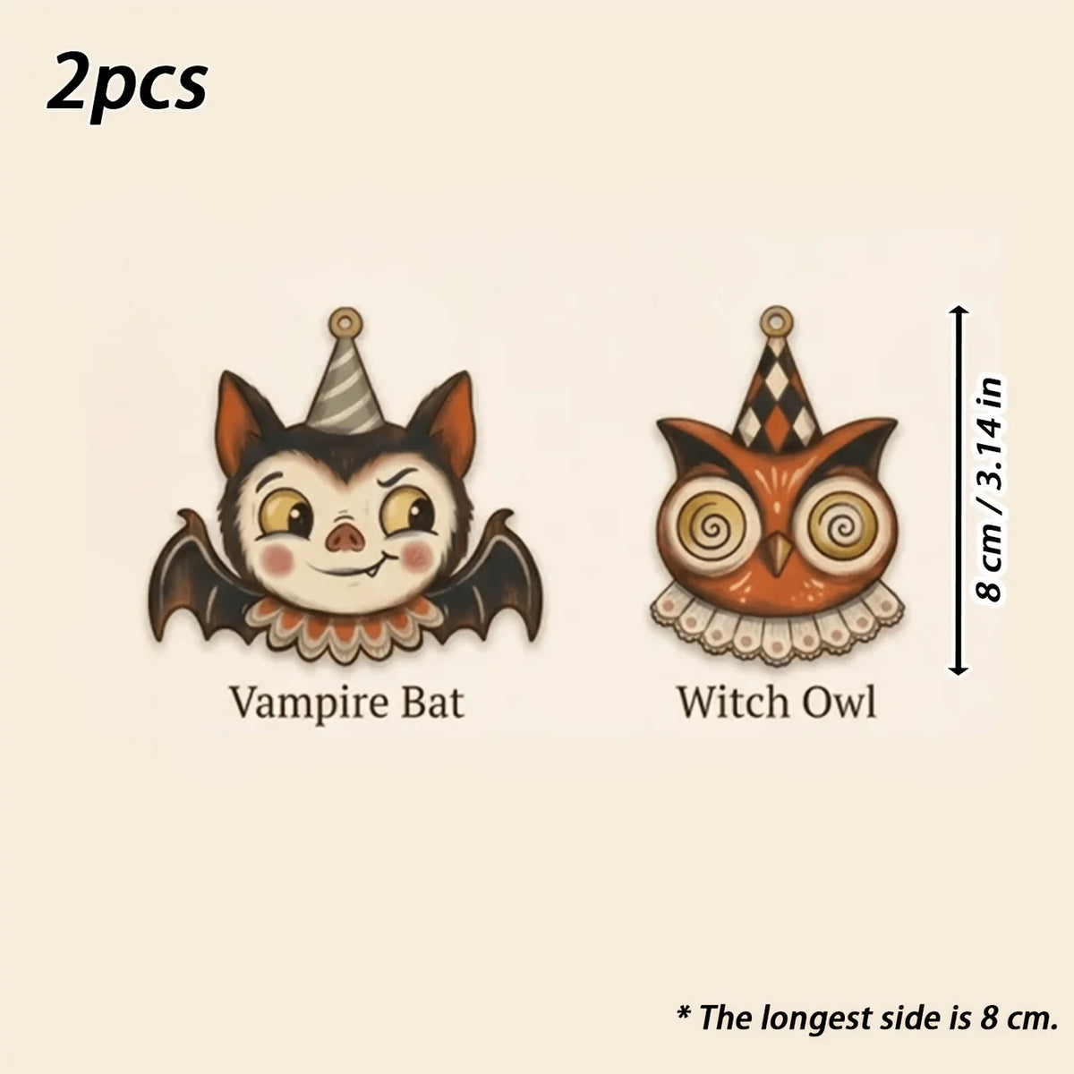 A set of two vintage wooden Halloween hanging ornaments featuring a Vampire Bat and a Witch Owl.