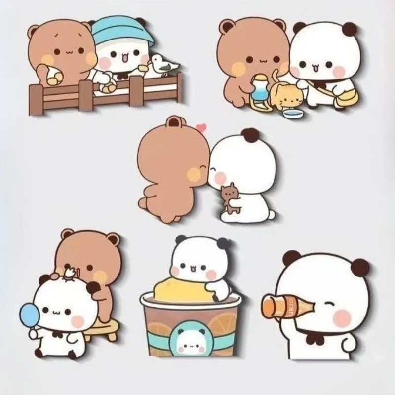 A set of cute panda-themed fridge magnets featuring various expressions and styles.