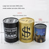 Three metal piggy banks of different sizes showing coin storage capacity and dimensions.