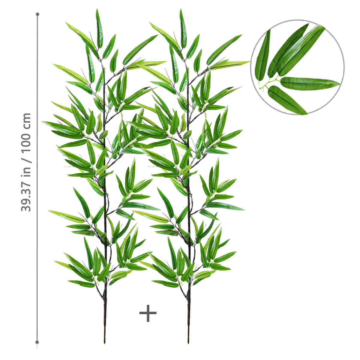 Artificial bamboo branch with green leaves shown in a vertical layout and magnified detail