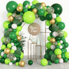 A lush green and gold balloon arch decorated with latex balloons for parties and celebrations.