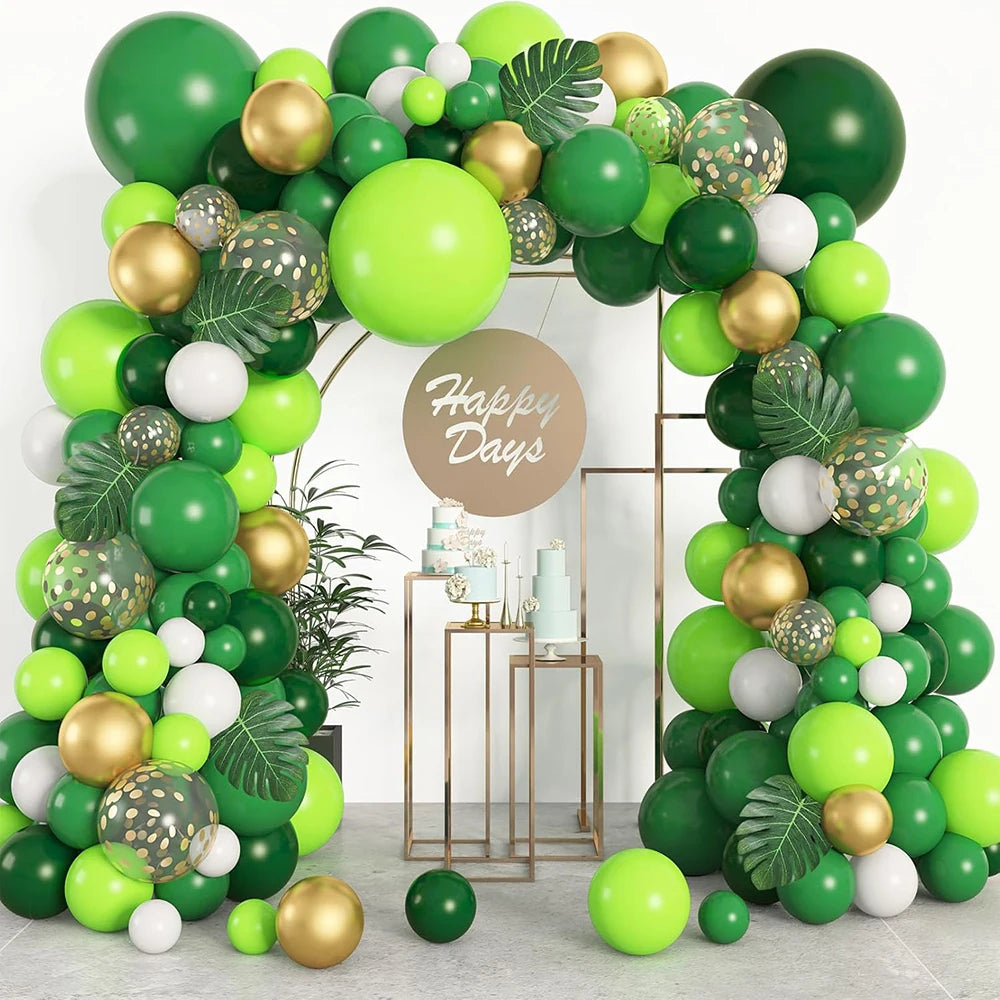 A lush green and gold balloon arch decorated with latex balloons for parties and celebrations.