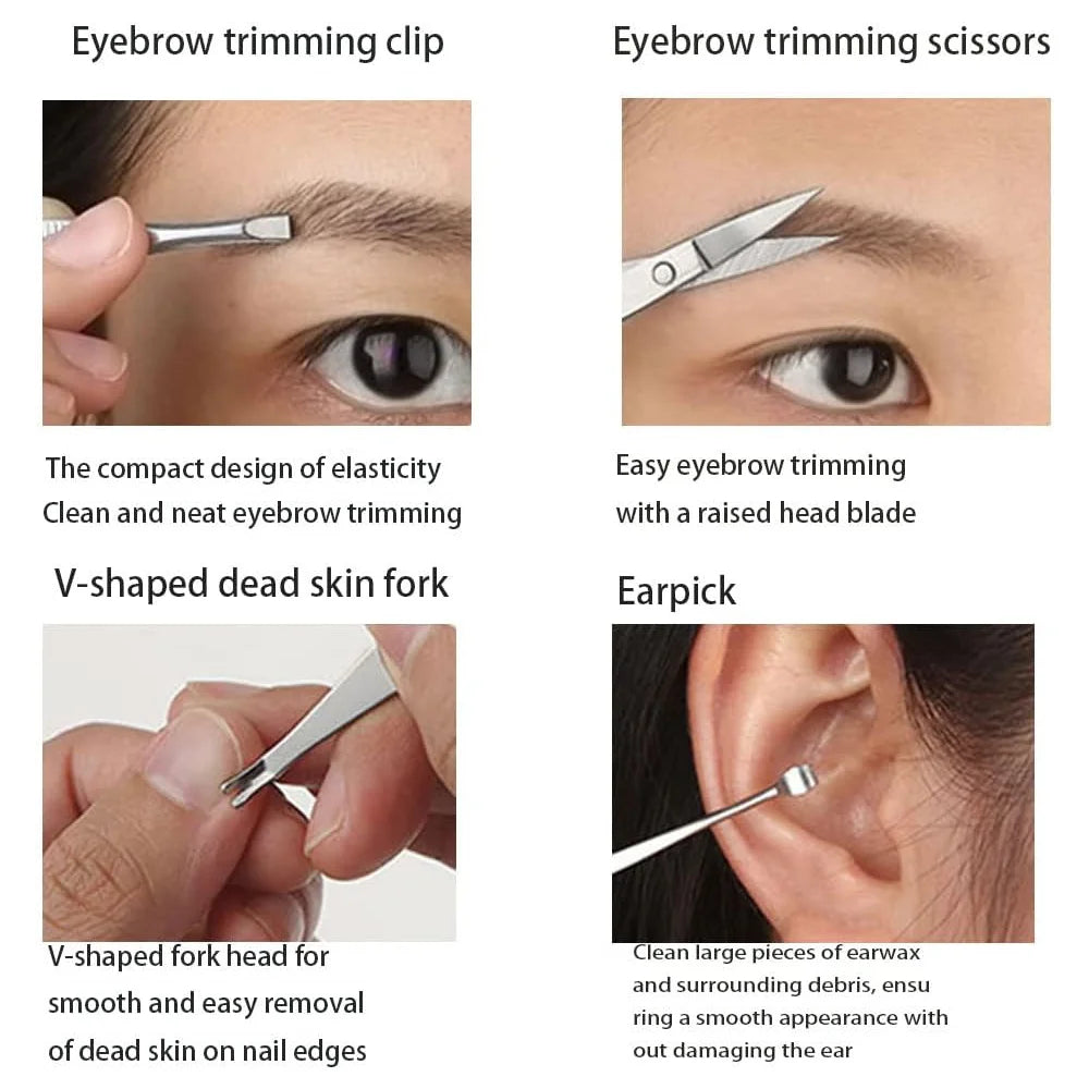 An image showing various manicure and pedicure tools including an eyebrow trimming clip, scissors, V-shaped dead skin fork, a