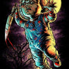 A stylized portrait of Chucky the doll, a small figure with fierce expression and a knife, set against a dark background with