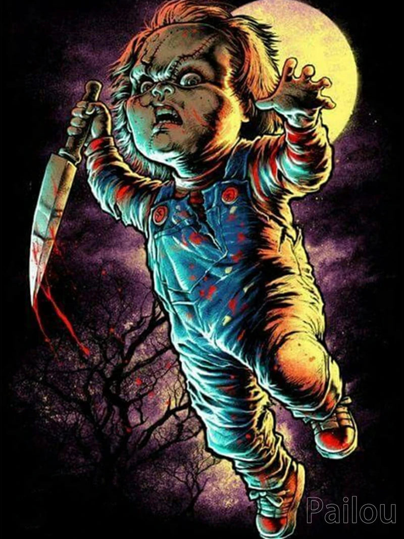 A stylized portrait of Chucky the doll, a small figure with fierce expression and a knife, set against a dark background with