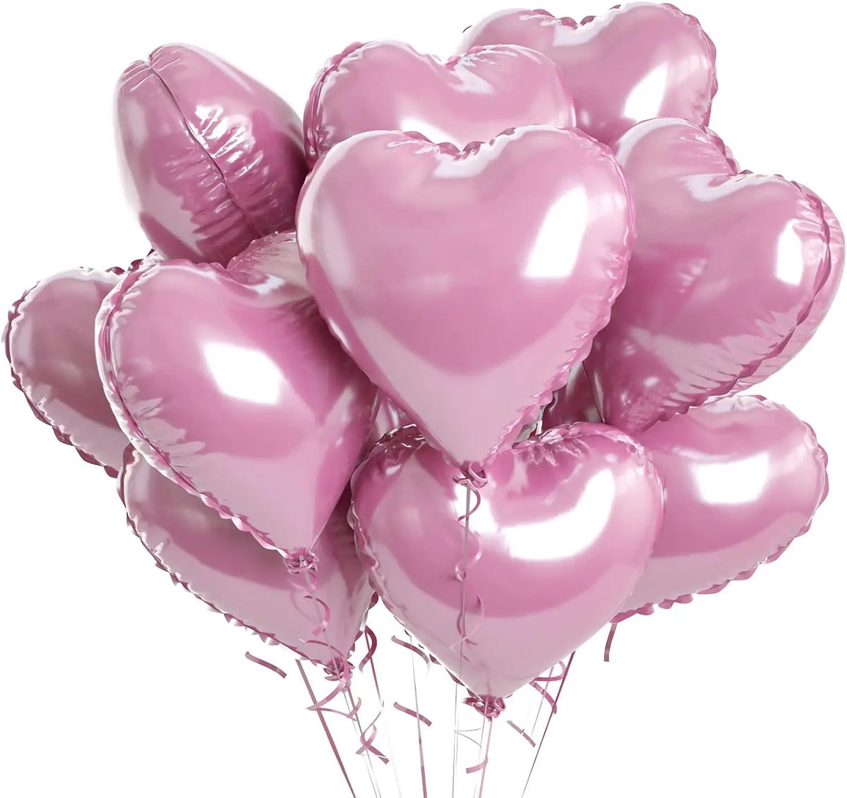 A bunch of pink heart-shaped foil balloons tied together, ready for parties and celebrations.