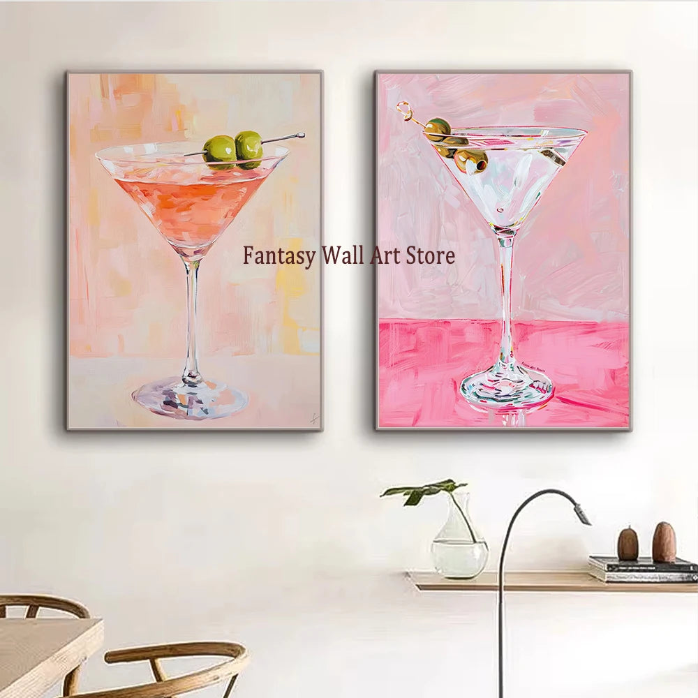 A set of two abstract paintings featuring cocktails in martini glasses with fruit garnishes.