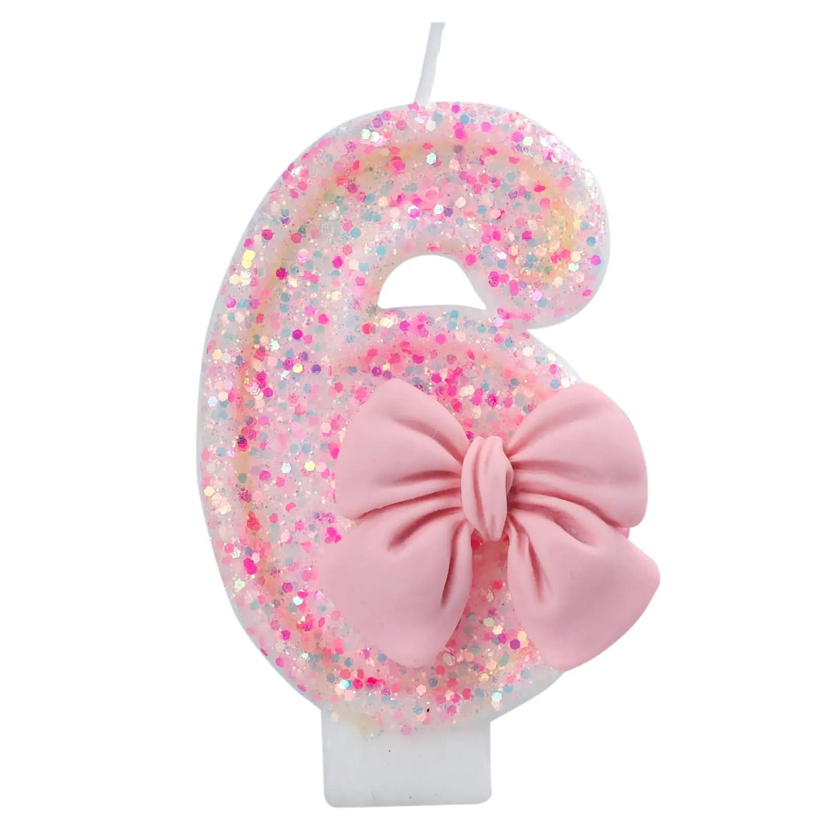 Glitter number cake candle shaped like the number 6 with a pink bow for birthday or anniversary