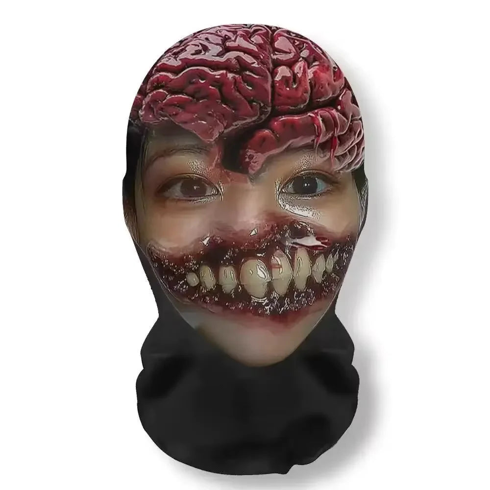 A realistic mask depicting a human face with a prominent, bloody brain and gruesome teeth for cosplay or party use.