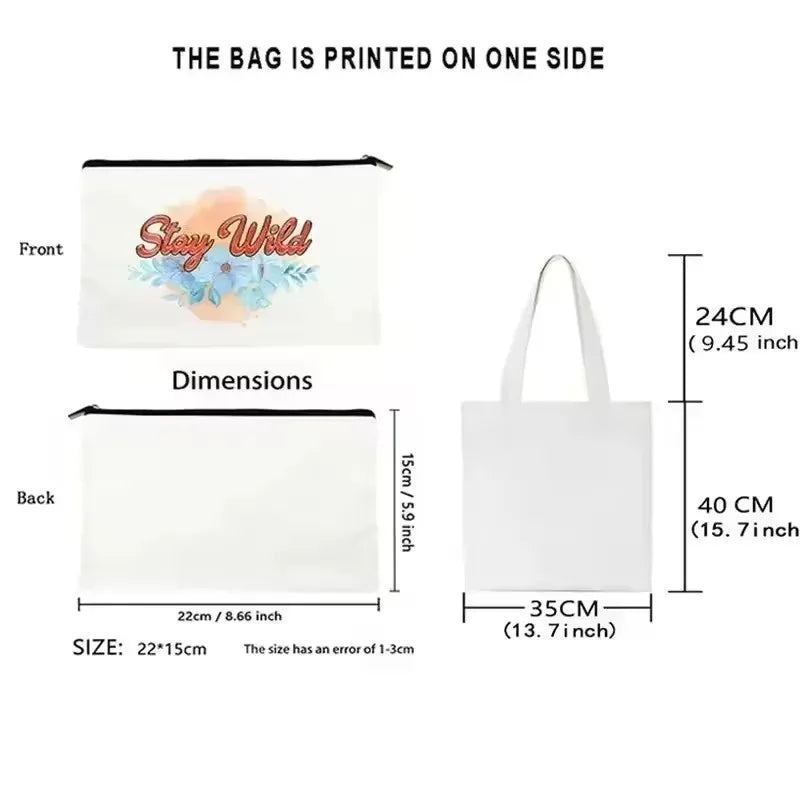 White tote bag with a colorful holiday design printed on one side, showing front and back dimensions.