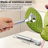 A hand holds a stainless steel tool set, including a peeler and cutter, next to a prickly pear cactus.