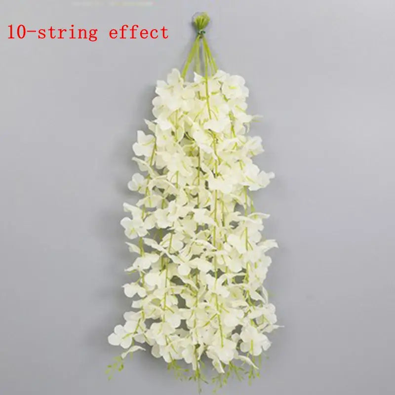 A long, cascading garland of white flowers with a 10-string effect.
