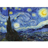 A night sky painting featuring swirling stars and a bright yellow moon over a dark landscape.