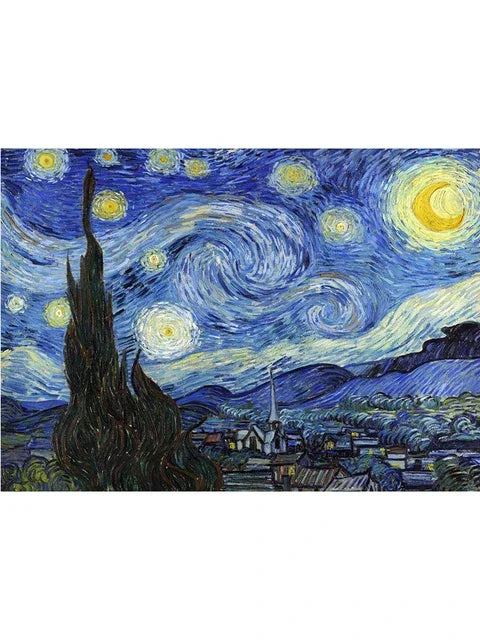 A night sky painting featuring swirling stars and a bright yellow moon over a dark landscape.