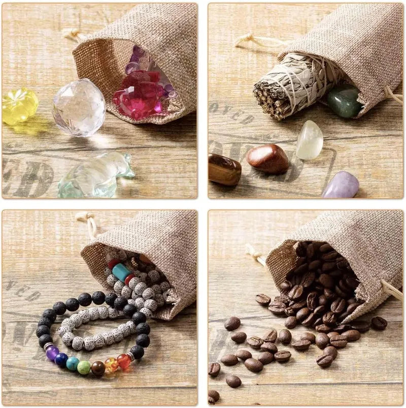 Four images showing natural burlap drawstring bags filled with various crystals and coffee beans.
