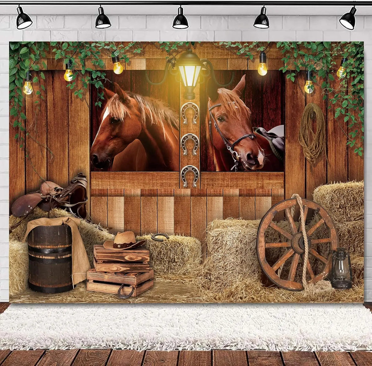 A rustic backdrop featuring two horses framed by greenery and a wooden barn door with rustic decor.