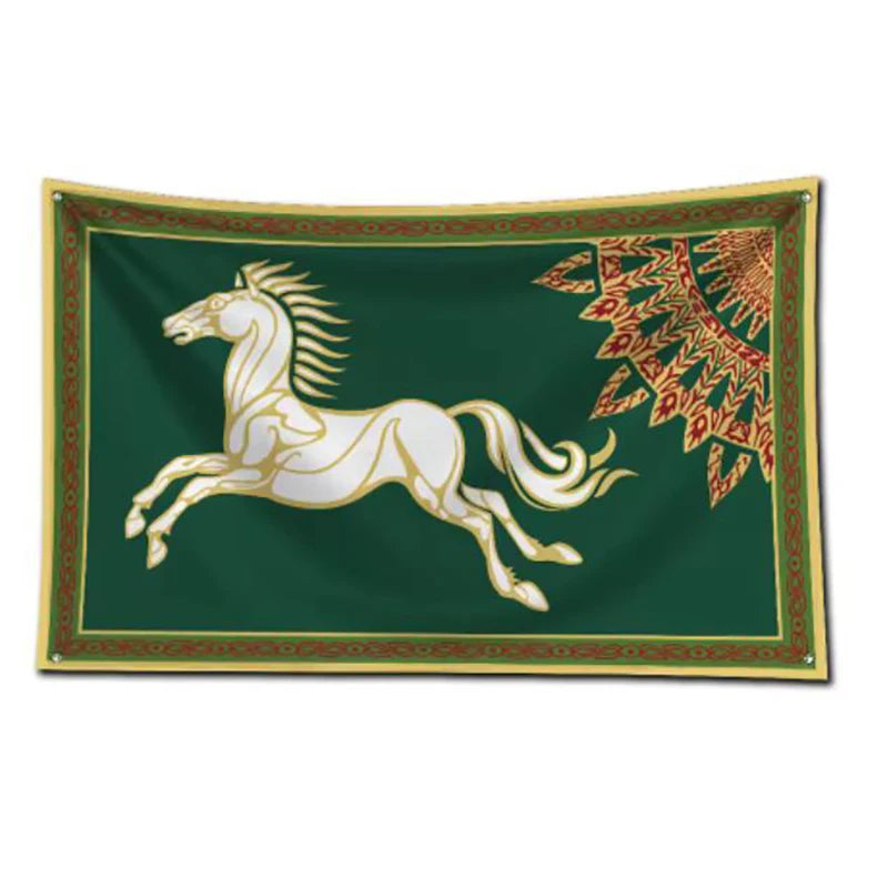 A tapestry wall hanging featuring a white horse in mid-gallop on a dark green flag with gold trim and a decorative pattern.
