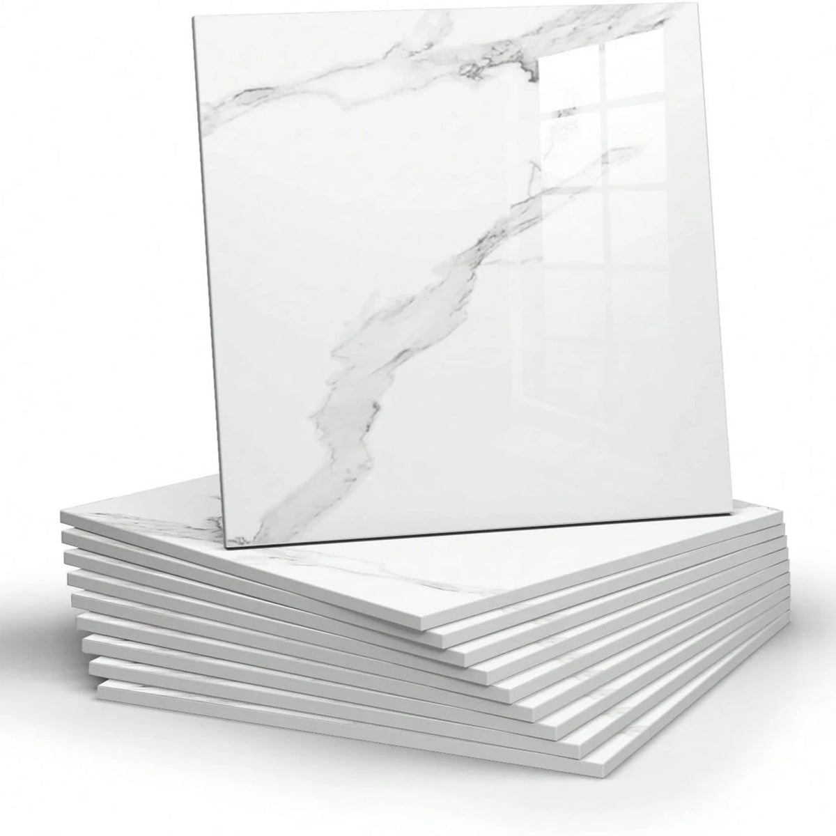 A square white marble peel-and-stick wall panel displayed on a stack of white panels.