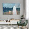A wall tapestry featuring an indie album cover design of a ghost in the alps landscape.