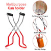 A multipurpose can holder tool with red and silver grips shown alongside features like no burnt fingers, stability, and non-s