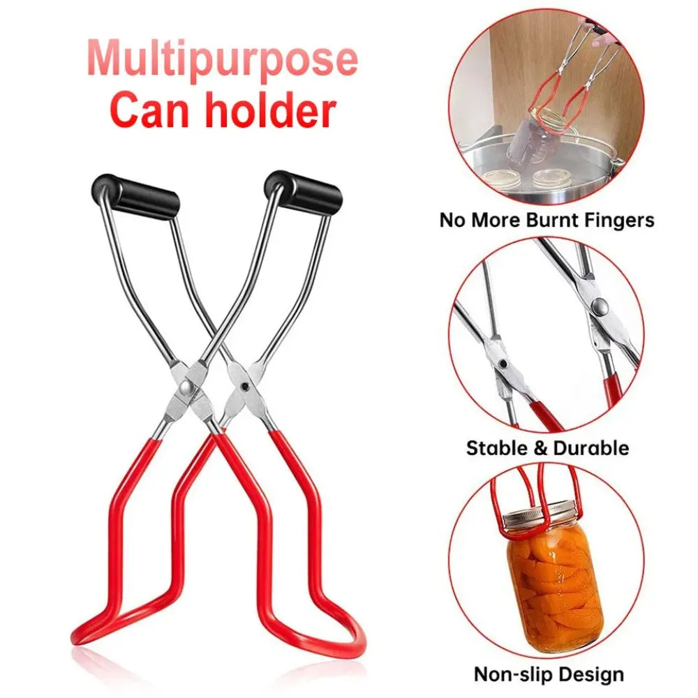 A multipurpose can holder tool with red and silver grips shown alongside features like no burnt fingers, stability, and non-s